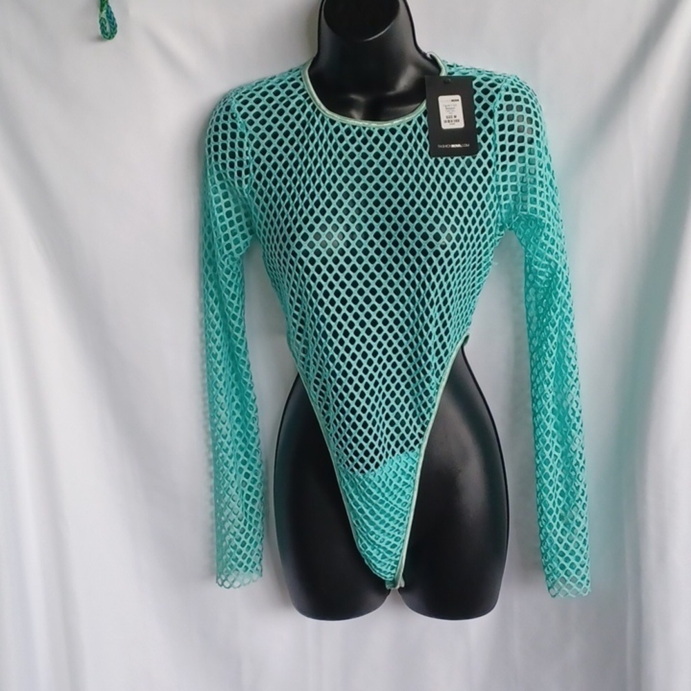 Fashion Nova High Cut Mesh Mint Green bodysuit, Figure It Out, Sz M